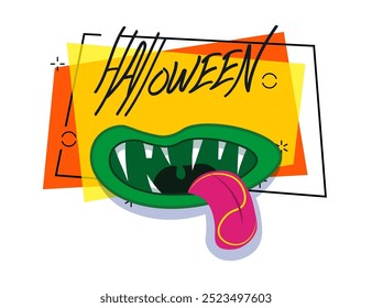 Halloween lettering with green monster mouth and tongue. Invitation or banner design. Halloween celebration concept. Handwritten text, calligraphy. Vector illustration can be used for poster