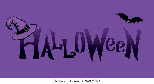 Halloween lettering, hand-drawn pumpkins spider web, and bats. Good for invitation or greeting card in minimalist style with traditional Halloween symbols.