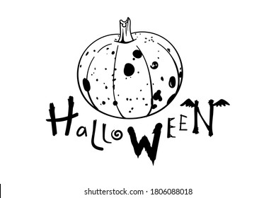 Halloween lettering. Handwritten Halloween typography print for banner, poster, greeting card. Hand drawn rotten pumpkin decorative design element. Vector brush. Inscription Halloween.