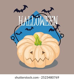 Halloween lettering with huge pumpkin lantern. Flying bats on background. Typed text, calligraphy. Holiday, celebration, party concept. Vector illustration for invitation, banner design