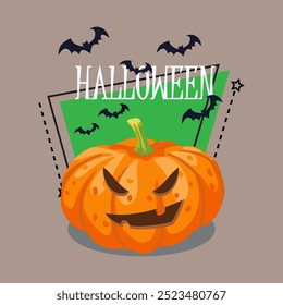 Halloween lettering with huge scary pumpkin lantern. Flying bats on background. Typed text, calligraphy. Holiday, celebration, party concept. Vector illustration for invitation, banner design