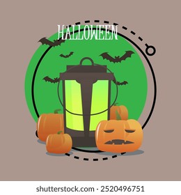 Halloween lettering with huge vintage lantern and pumpkin lanterns. Typed text, calligraphy. Holiday, celebration, party concept. Vector illustration can be used for banner or poster design