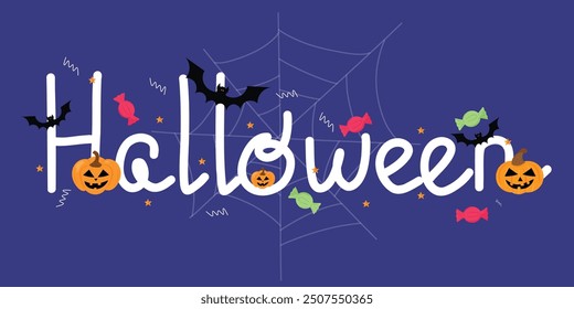 Halloween lettering illustration with cute pumpkins, flying bats, spider web on purple background. Festive halloween calligraphy.  For postcards, banners, seasonal Halloween decor.