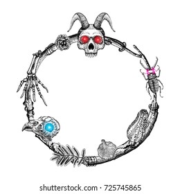 Halloween lettering message copy space design laurel, forest wreath or boho witch frame background. Vector.