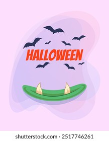 Halloween lettering with monster month and flying bats on abstract background. Celebration, party, holiday concept. Vector illustration for invitation, banner or poster