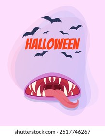 Halloween lettering with monster month and teeth. Flying bats on abstract background. Celebration, party, holiday concept. Vector illustration for invitation, banner or poster