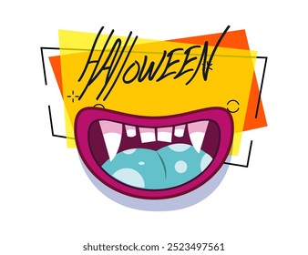 Halloween lettering with monster mouth. Invitation or advertising design. Handwritten text, calligraphy. Vector illustration can be used for leaflet, poster or banner