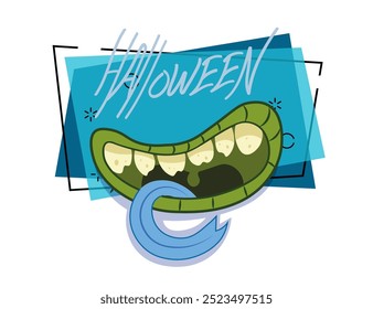 Halloween lettering with monster mouth and tongue. Invitation or banner design. Halloween celebration concept. Handwritten text, calligraphy. Vector illustration can be used for leaflet or poster