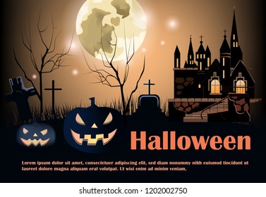 Halloween lettering with moon, castle and creepy pumpkins. Invitation or advertising design. Typed text, calligraphy. For leaflets, brochures, invitations, posters or banners.