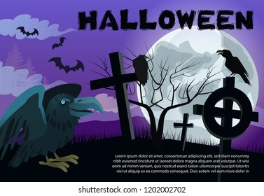 Halloween lettering with moon, crosses and crow. Invitation or advertising design. Typed text, calligraphy. For leaflets, brochures, invitations, posters or banners.