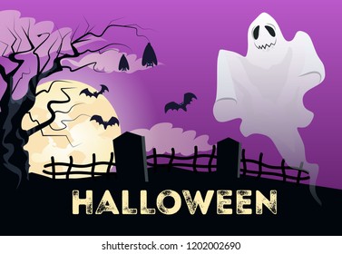 Halloween lettering with moon, ghost, tree and bats. Invitation or advertising design. Typed text, calligraphy. For leaflets, brochures, invitations, posters or banners.