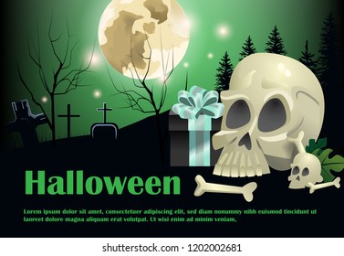 Halloween lettering with moon, skull, gift box and crosses. Invitation or advertising design. Typed text, calligraphy. For leaflets, brochures, invitations, posters or banners.