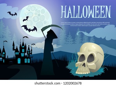 Halloween lettering with moon, skull and grim reaper. Invitation or advertising design. Typed text, calligraphy. For leaflets, brochures, invitations, posters or banners.