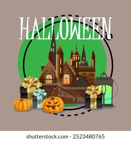 Letras de Halloween con el viejo castillo gótico, calabazas, cajas de regalo, linterna. Texto mecanografiado, caligrafía. Festiva, celebración, concepto de fiesta. Ilustración vectorial para el diseño de la invitación o del Anuncio