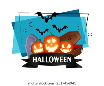 Halloween lettering on black ribbon with pumpkin lanterns. Grave stone, coffin and flying bats on background. Halloween celebration, party concept. Vector illustration for poster or banner