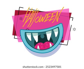 Halloween lettering with open mouth of crazy monster. Invitation or banner design. Halloween celebration concept. Handwritten text, calligraphy. Vector illustration can be used for leaflet or poster