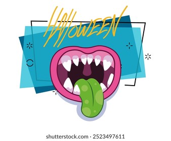 Halloween lettering with open mouth of scary beast. Invitation or banner design. Halloween celebration concept. Handwritten text, calligraphy. Vector illustration can be used for leaflet or poster