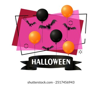 Halloween lettering with orange and black balloons and flying bats. Invitation or advertising design. Handwritten and typed text, calligraphy. For leaflets, brochures, invitations, posters or banners