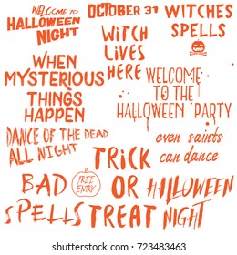 Halloween lettering phrases overlay set. Scary quotes. Spooky holiday typography. Calligraphy photo graphic and flyer invitation design element. Hand made signs. Vector.