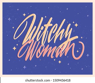 Halloween lettering poster in vintage style. Witchy Woman. Flat vector illustration.