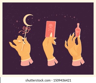 Halloween lettering poster in vintage style. Set of witches hands with a magic wand of the moon, tarot card, bottle of potion. Flat vector illustration.