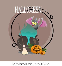 Halloween lettering with potion in cauldron, flying bat, broom, pumpkin lanterns. Typed text, calligraphy. Holiday, celebration, party concept. Vector illustration for invitation and banner design