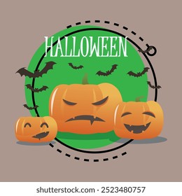 Halloween lettering with pumpkin characters with different emotions. Flying bats on background. Typed text, calligraphy. Holiday, celebration concept. Vector illustration can be used for banner design