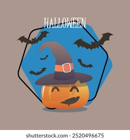 Halloween lettering with pumpkin lantern in hat and flying bats. Typed text, calligraphy. Autumn, party, celebration, party concept. Vector illustration can be used for banner or poster design