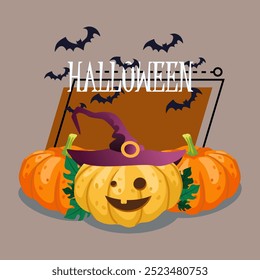 Halloween lettering with pumpkin lantern in witch hat. Flying bats on background. Typed text, calligraphy. Celebration, holiday, party concept. Vector illustration for invitation or banner design