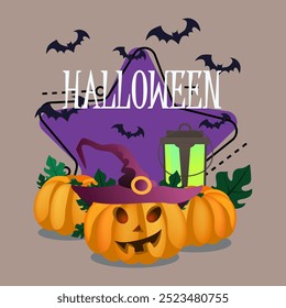 Halloween lettering with pumpkin lantern in witch hat. Flying bats on background. Typed text, calligraphy. Holiday, celebration, party concept. Vector illustration for invitation, banner design