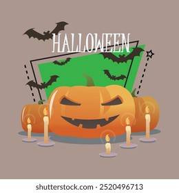 Letras de Halloween con faroles de calabaza y velas encendidas. Texto mecanografiado, caligrafía. Festiva, celebración, concepto mágico. La Ilustración vectorial se puede utilizar para el diseño del Anuncio o del cartel