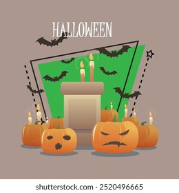 Halloween lettering with pumpkin lanterns and candles on pedestal. Typed text, calligraphy. Autumn, party, celebration concept. Vector illustration can be used for banner, poster, greeting card design