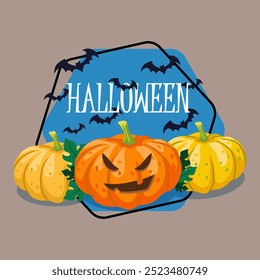 Halloween lettering with pumpkin lanterns decorated with leaves. Flying bats on background. Typed text, calligraphy. Celebration, party concept. Vector illustration for invitation or banner design