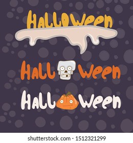 Halloween lettering with pumpkin and skeleton.Hand drawn vector illustration