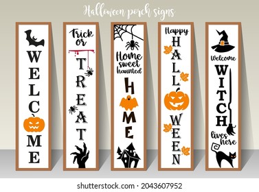 Halloween lettering with pumpkin, spiders, web. Vertical halloween sign. Front Porch Sign. For door stops, t-shir, card, flyer
