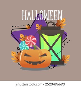 Halloween lettering pumpkin, vintage lantern, candies, autumn leaves. Typed text, calligraphy. Holiday, celebration, party concept. Vector illustration can be used for banner or poster design