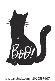 Halloween lettering quote 'Boo!' written inside black cat's silhouette. Good for prints, stickers, sublimation, posters, cards, home and clothes decor. EPS 10