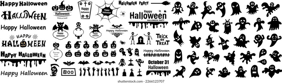 Halloween lettering quotes. Set of silhouettes of Halloween on a white background. Vector illustration.