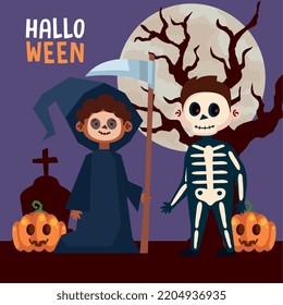 halloween lettering with reaper and skeleton