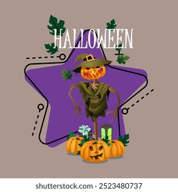 Halloween lettering with scarecrow, vintage lantern, gift box, pumpkin lanterns. Typed text, calligraphy. Holiday, celebration, party concept. Vector illustration for invitation and banner design