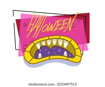 Halloween lettering with scary creature mouth with sharp teeth. Invitation or banner design. Halloween concept. Handwritten text, calligraphy. Vector illustration can be used for leaflet or poster