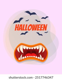 Halloween lettering with scary monster month and teeth. Flying bats on abstract background. Celebration, party, fear concept. Vector illustration for invitation, banner or poster