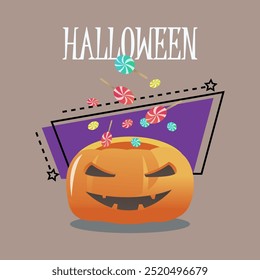 Letras de Halloween con linterna de calabaza aterradora y piruletas. Texto mecanografiado, caligrafía. Festiva, celebración, concepto de regalo. La Ilustración vectorial se puede utilizar para el diseño del Anuncio o del cartel