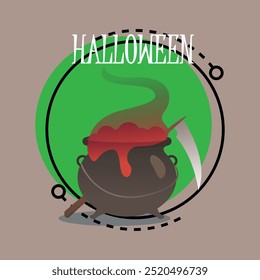 Halloween lettering with scythe and cauldron with potion. Typed text, calligraphy. Holiday, celebration, party, magic concept. Vector illustration for banner or poster design