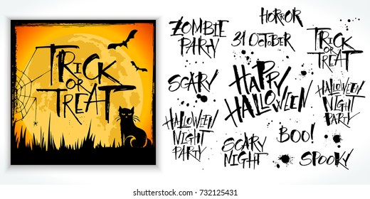 Halloween lettering set with card sample. Hand drawn pictures, vector illustration. Template for banners, posters, merchandising, cards or photo overlays.
