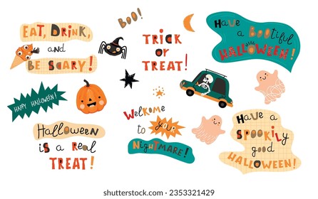 Halloween lettering set with cute funny characters.Hand written text,cartoon pumpkin,spider,ghosts,skeleton driving a car.Vector colorful elements isolated on white background.Hand drawn illustration.