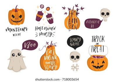 Halloween lettering set with cute holiday elements. Pumpkins, cupcakes, ghost, skuls. Typographic design Vector illustration