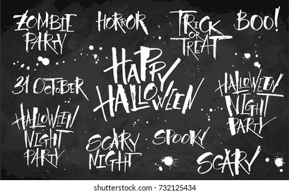 Halloween lettering set on blackboard background. Hand drawn pictures, vector illustration. Template for banners, posters, merchandising, cards or photo overlays.
