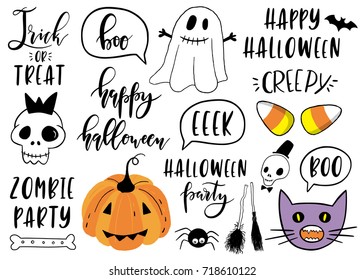 Halloween lettering set with pumpkin, skeleton, ghost, lettering, cat and other. Template for Party card, Greeting Scrapbooking, Congratulations, Invitations, Stickers. Vector illustration.