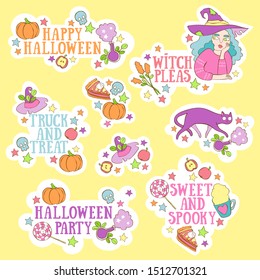 Halloween lettering set. Witch, black cat, pumpkin. Sweets and hot drinks. Magic and stars. Vector isolated objects.